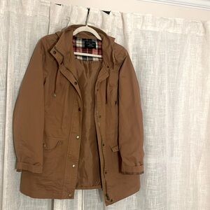 Tan Jacket w/ Plaid Hood and Drawstring Waist